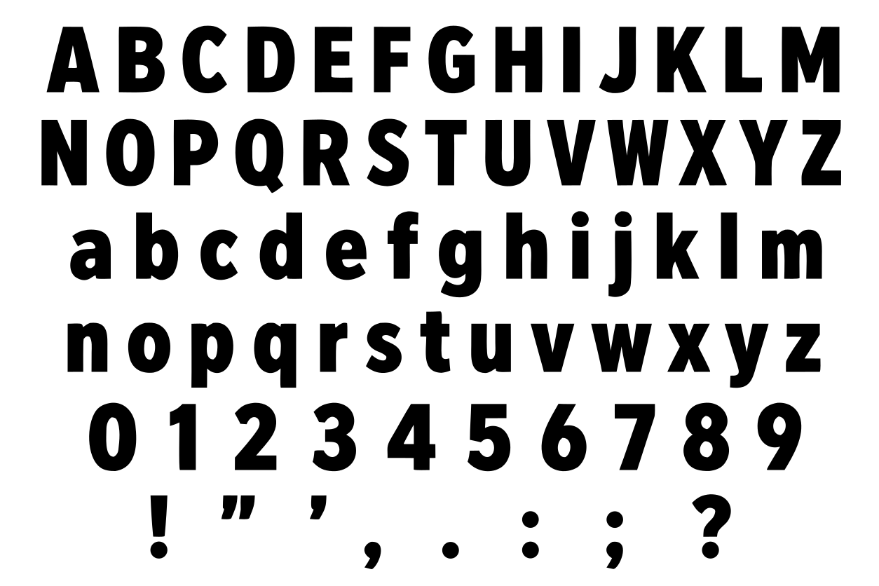 Example Oxi Fonts alphabet SVG sheet layout with uppercase letters, lowercase letters, and numbers